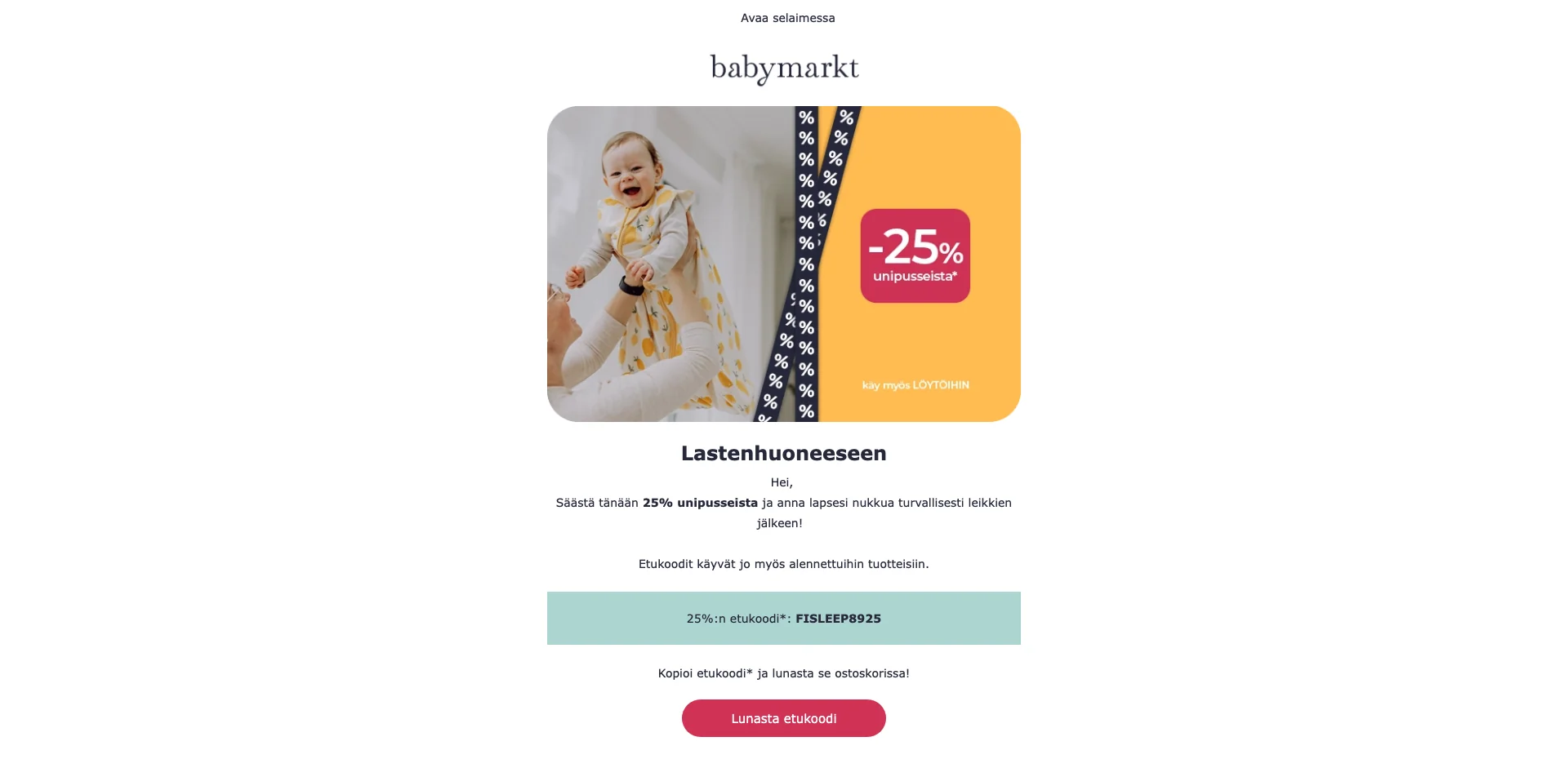 Kuponkinäyttö - Babymarkt - Unipussit alennuskoodi: [[25 % alennus]] lastenhuoneeseen - Päättynyt