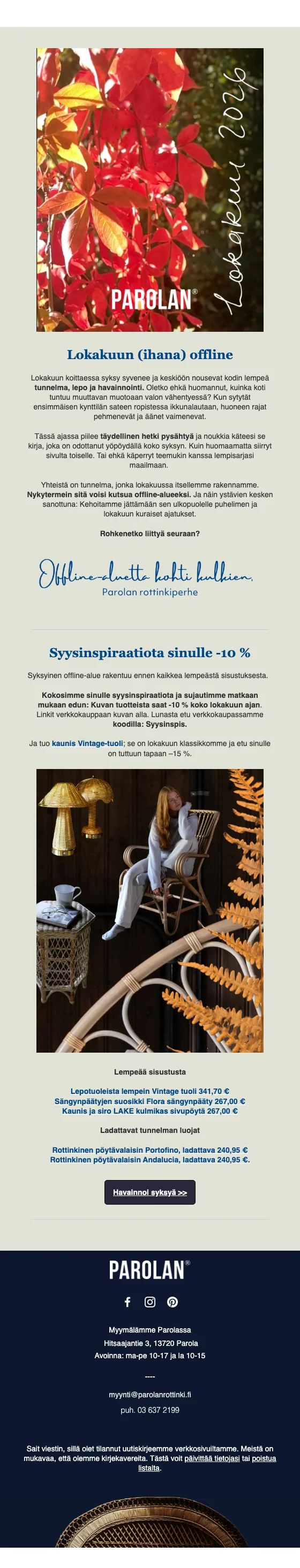 Kuponkinäyttö - Parolan Rottinki - 10 % alennus [[syksyisiin sisustuslöytöihin]]