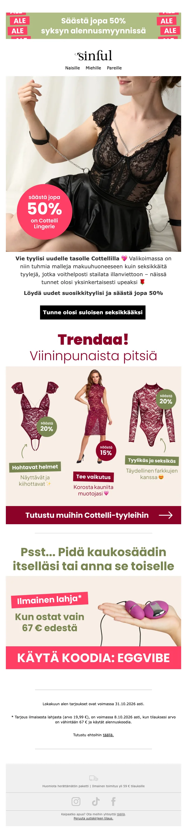 Kuponkinäyttö - Sinful - Alennuskoodi: [[ilmainen lahja]] yli 67€ ostoksesta