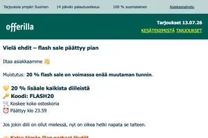Enää muutama tunti: 20 % flash sale päättyy kohta