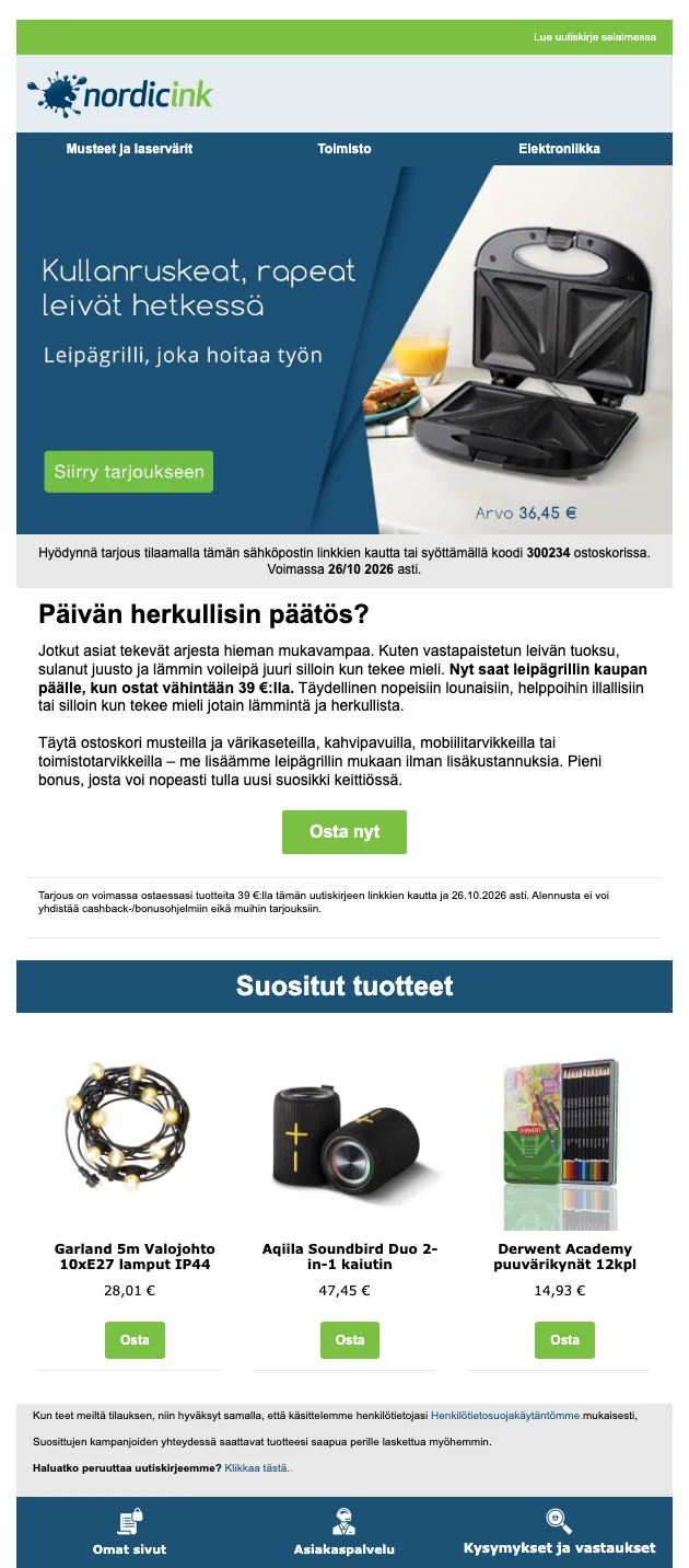 Kuponkinäyttö - Nordicink - Ilmainen [[leipägrilli]] kaupan päälle vähintään 39 € ostoksesta