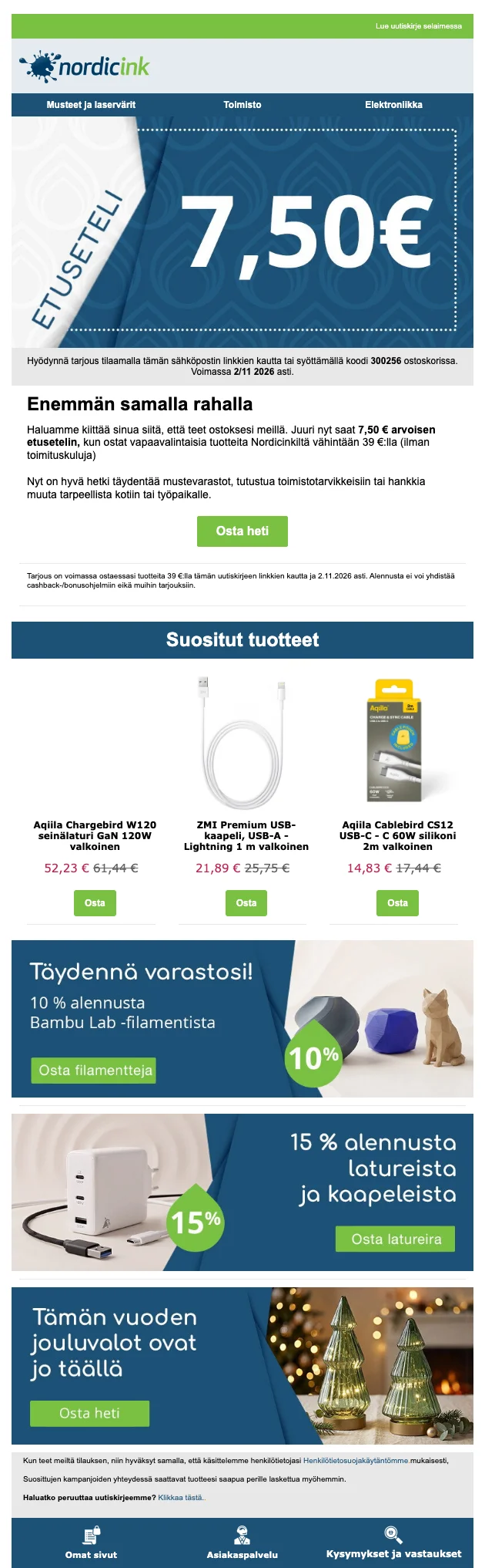 Kuponkinäyttö - Nordicink - Etuseteli: [[7,50€ etu]] tulostustarvikkeista yli 39€ ostoksesta