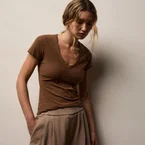 Sheer Slub Casual V Neck - Gingerbread