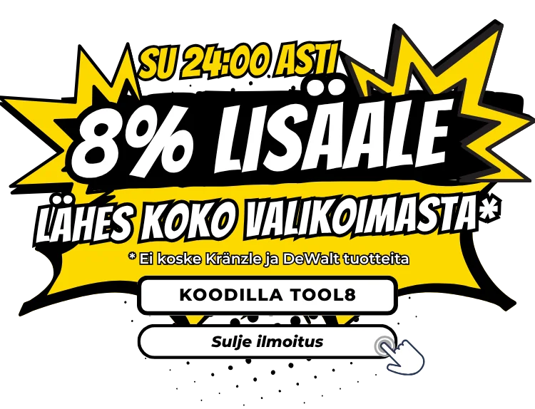 Kuponkinäyttö - ToolOutlet - ToolOutlet lisäale [[8 % lisäale]] lähes koko valikoimasta